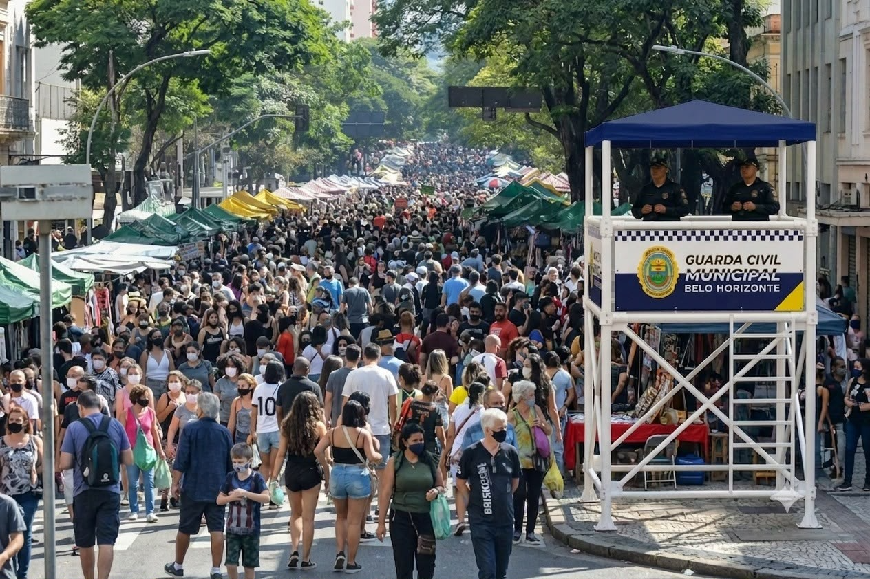 Multidão na Feira Hippie de Belo Horizonte com guarita da Guarda Civil Municipal
